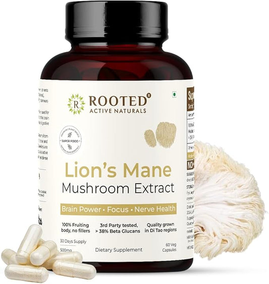 ROOTED Lions Mane Mushroom Extract Capsules (60 Veg Caps, 500 mg) | Memory, Focus, Brain Powder & Nerve Health. USDA Organic, 38% Beta Glucans, Certified Organic