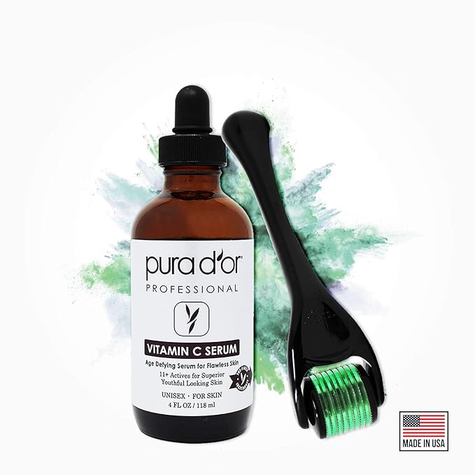 PURA D'OR 25% Vitamin C Serum 4 Oz + 0.25mm Derma Roller Set - Hyaluronic Acid & Retinol Microdermabrasion Skin Care Cosmetic Kit For Face & Eyes, Dark Spots - For Men & Women