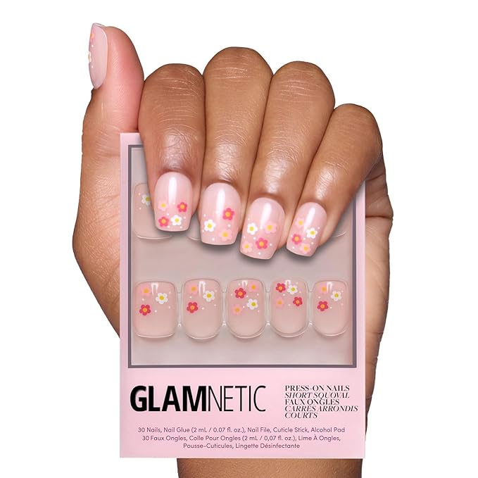 Glamnetic Press On Nails - Pretty Bloom | Glossy, Semi-Transparent Short Squoval Nails with Flower Accents, Salon Quality | 15 Sizes - 30 Nail Kit with Glue