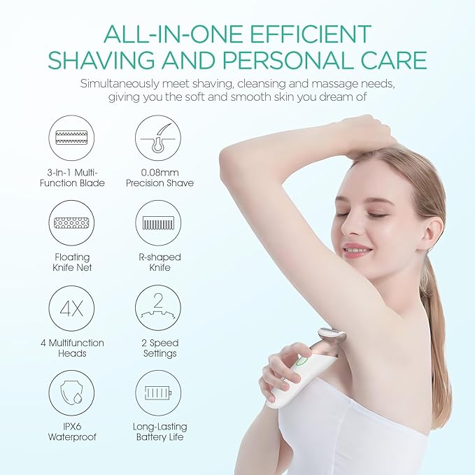 VOYOR Electric Razors for Women 4 in 1 Bikini Trimmer, Foil Shaver for Women 4 Replacement Heads for Body, Pubic Hair Trimmer, Cleansing, Massage 2 Adjustable Speeds Rechargeable Shaver ES501 (Gold)