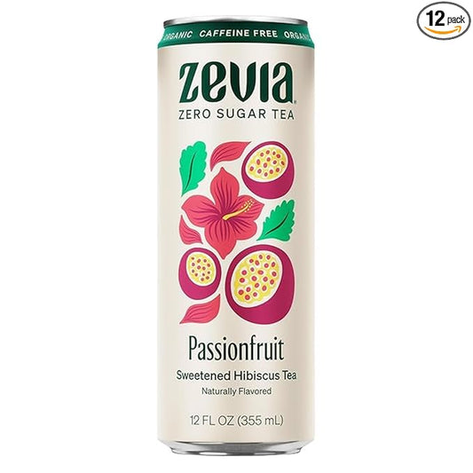 Zevia Zero Sugar Tea, Hibiscus Tea with Passionfruit Caffeine Free, 12 oz Cans (12-Pack) – Naturally Sweetened, Zero Calorie Sugar Free - Non-GMO Project Verified, Gluten-Free, Vegan