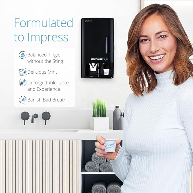 GotFreshBreath Manual Mouthwash Dispenser with Cup Holder – Standing or Wall-Mounted, Slim, Commercial Mouthwash Dispenser with 100 Cups & 50 Oz. Alcohol-Free Mouthwash (Black)…