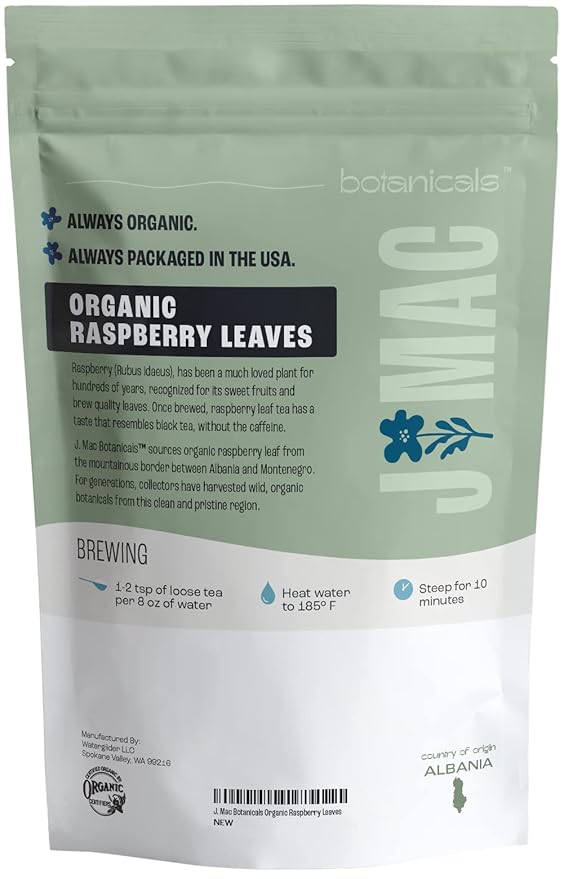 J Mac Botanicals, Organic Red Raspberry Leaf, Herbal tea (16 ounce bag 200+ cups) cut & sifted dried leaf, pack of 2