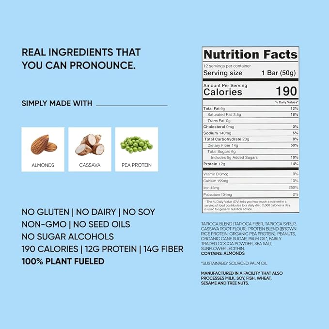 TRUBAR Vegan Protein Bar, Cocoa For Coconuts, Gluten Free, Plant Based Protein, Dairy Free, Non GMO, Soy Free, No Sugar Alcohols, 12G Protein, 12G Fiber, 23G Carb, On the Go Snack Bars, 12ct