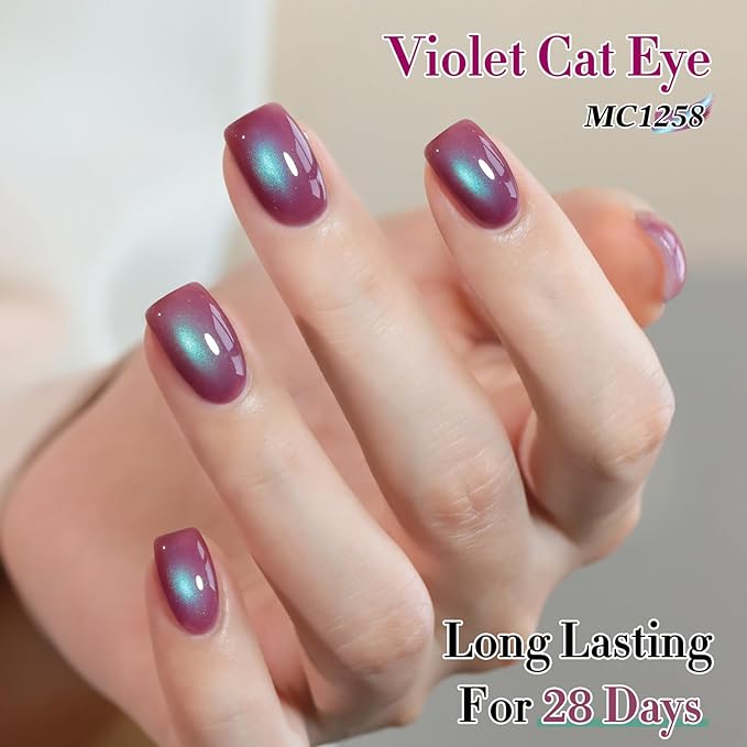 Double Rhythm 0.5 OZ Cat Eye Gel Polish with Magnet 15ML Holographic Glitter Shimmer Translucent Jelly Color Magnetic Nail Polish Salon DIY at Home (Purple Green-MC1258)