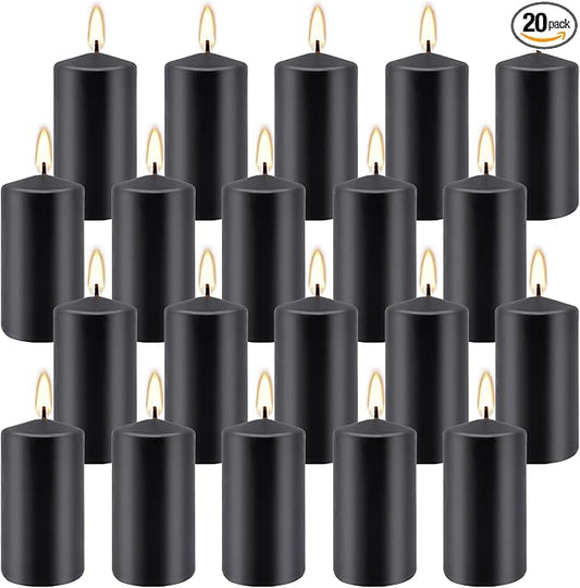 Set of 20 Black Pillar Candles,Dripless and Smokeless Dinner Candle, 2x4” Pillar Candles for for Halloween, Christmas, Home Decor, Rituals, and Themed Party Decor