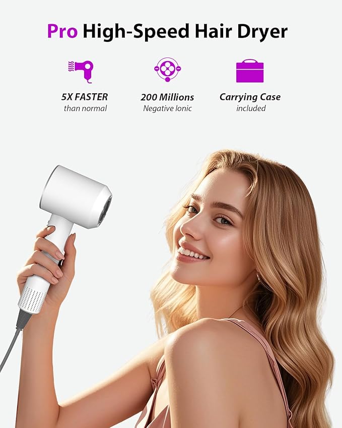 Hair Dryer with Carry Case, 160000 RPM Professional High-Speed Ionic Blow Dryer 200 Millions Negative Ionic & 3 Speeds & 3 Temps& Low Noise, Hairdryer with diffuser for Faster Drying, No Heat Damage,W