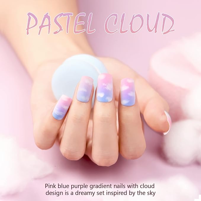 GLAMERMAID Blue Purple Pink Ombre Press on Nails Medium Square, Light Green Cloud Dull Polsih Gel False Nals with Design, Glue on Nails Kit for Women, Reusable Stick on Acrylic Fake Nails Manicure Set
