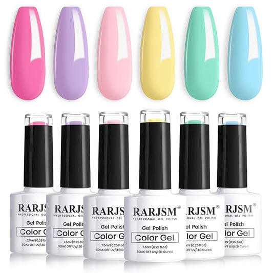 RARJSM Cotton Candy Gel Nail Polish Kit, Pastel Gelpolish Macaron Colors Collection Pink Purple Yellow Green Blue Nail Polish Set, 6PCS 7.5ML Spring Summer Color Gel Nail Polish,Curing Required