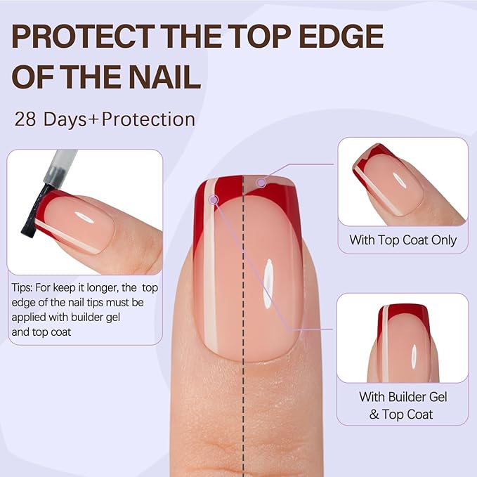 Misssix XBASICTIPS Red French Tip Press On Nails, 150Pcs French Gel Nail Tips Short Square, Soft Gel Pre-shaped No Need to File 3 in 1 Tips, Fake Nails for Nail Art DIY Extension Designs 15 Sizes