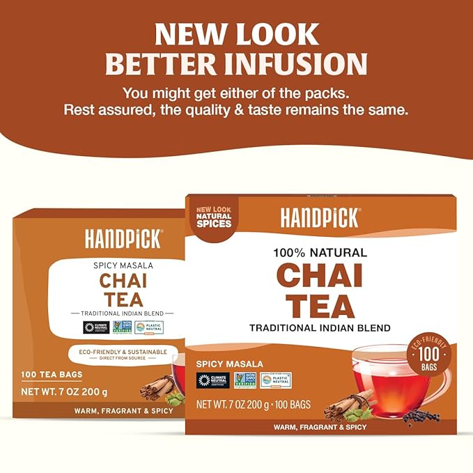 HANDPICK Masala Chai Tea Bags (100 Count) Strong Robust & Aromatic, Blended with Exotic Spices, Cinnamon, Black Pepper, Cloves & Cardamom - Premium Quality Eco-conscious Round Bags