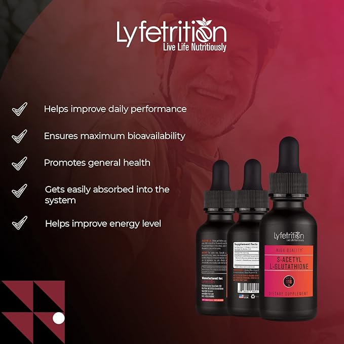 Lyfetrition S-Acetyl L-Glutathione 98mg, 4 Oz Liquid, 220 Servings, Made in USA, Quick Absorption, Quality Potent Ingredients, Third-Party Tested, Non-GMO, GMP Certified, Cruelty-Free Products