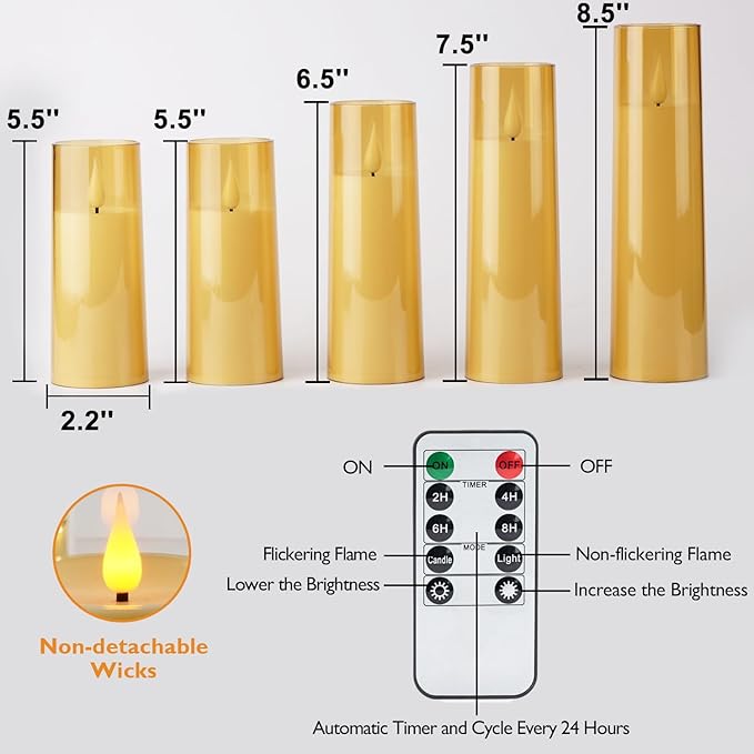 Amagic Flickering Flameless Candles, Battery Operated Candles, Amber Gold Acrylic LED Pillar Candles with Remote and Timer, 3D Wick, Yellow and Blue Glow, D2.2 xH5 5" 6" 7" 8", Set of 5