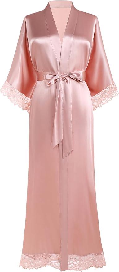 BABEYOND Satin Kimono Robe Silky Long Bridesmaid Wedding Lightweight Bath Robe with Lace Trim