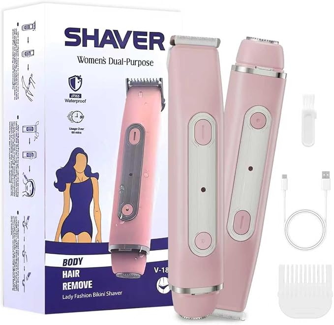 Bikini Trimmer for Women - 2 in 1 Women Electric Shaver,Cordless Body Razor for Trip,Replaceable Lady Facial Razor, IPX6 Waterproof&Easy Cleaning, Ceramic Blade, USB Charge 706 Pink