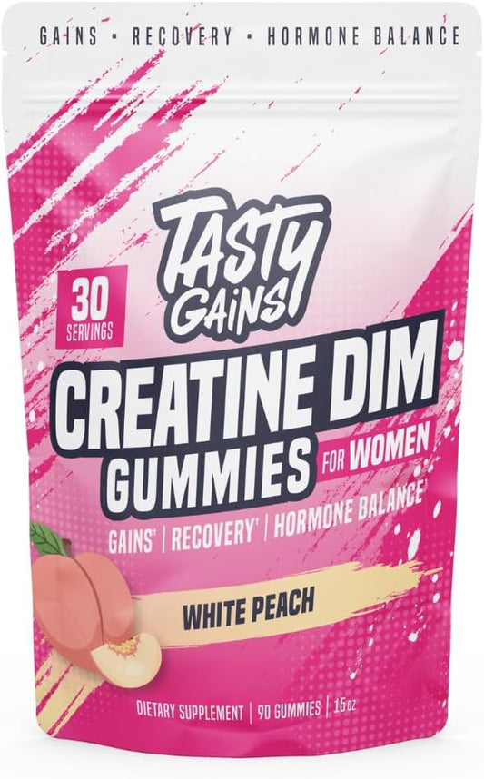 TASTY GAINS Creatine Gummies for Women | 3g Creatine Monohydrate Per Serving | DIM Supplement 100 mg | Estrogen Balance for Women | Hormonal Acne, Hormone Balance, Glute Builder | White Peach Flavor