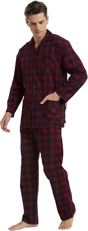 GLOBAL Men's Pajamas Sets 100% Cotton Flannel Sleepwear Long-Sleeve top & Bottom