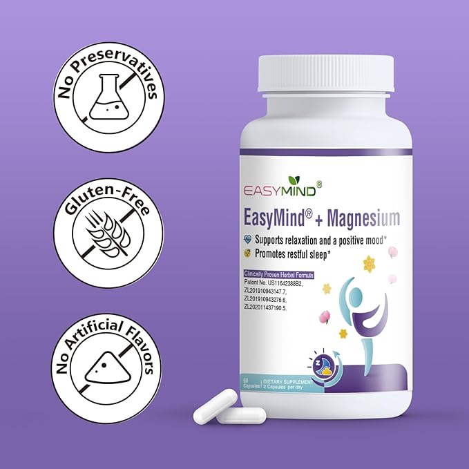 EasyMind Sleep Aid for Adults, Magnesium Glycinate, Vegan, Stress Relief, Herbal Sleep Supplement, Mood Support, 30 Servings