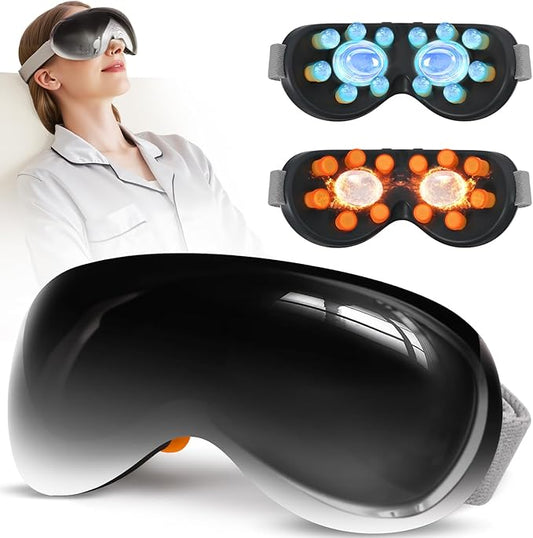 Eye Massager with Heat and Cooling for Migraines – 14 Massage Nodes for Eye Strain Relief, Rechargeable Bluetooth Music, Improve Sleep, Birthday & Holiday Gifts for Women and Men (Black)