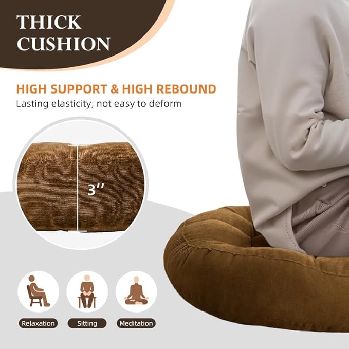 Meditation Floor Pillow Set of 2 Large Round Floor Cushions for Adults Tufted Corduroy Floor Seat Pillows Cushion for Living Room,Dark Grey 16.5" Lx16.5 Wx3 H