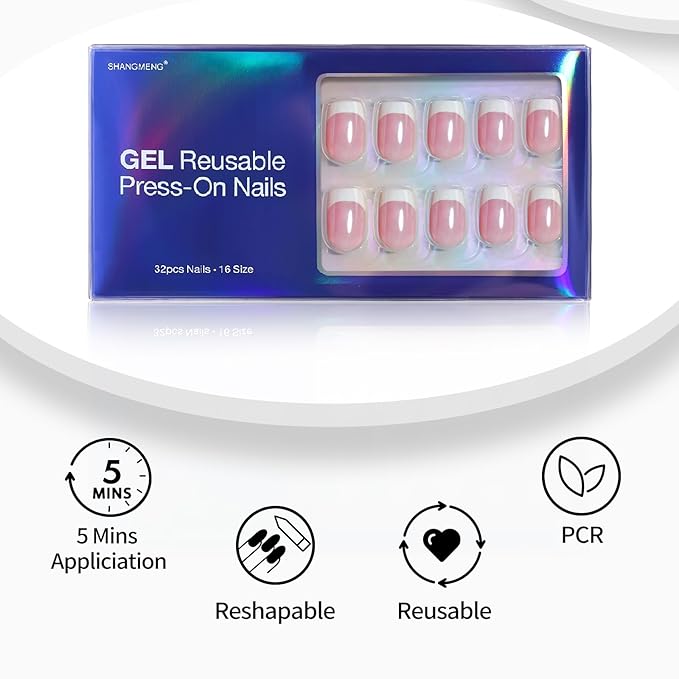 Chrome White French Tip Press on Nails Short - Soft Gel Square Press on Nails for Women Gift, Glossy Glue on Nails in 16 Sizes - 32 Reusable Fake Nails Kit with Glue, Aurora French