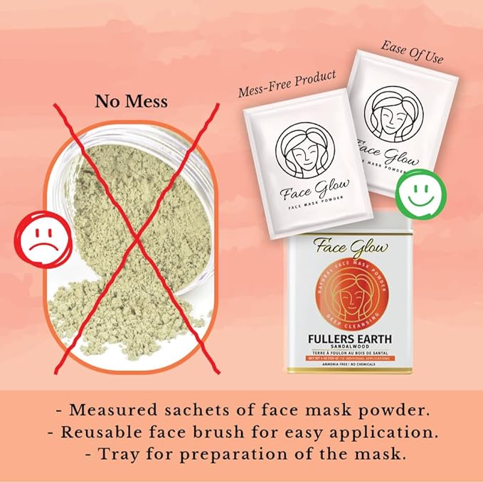 Face Glow- Fuller’s Earth w/Sandalwood - 12 Individual Sachets of Multani Mitti (10 gm each)- Reusable Brush & Tray Included- Timeless Radiance- Face Mask for Healthy Looking Skin - By Pride of India