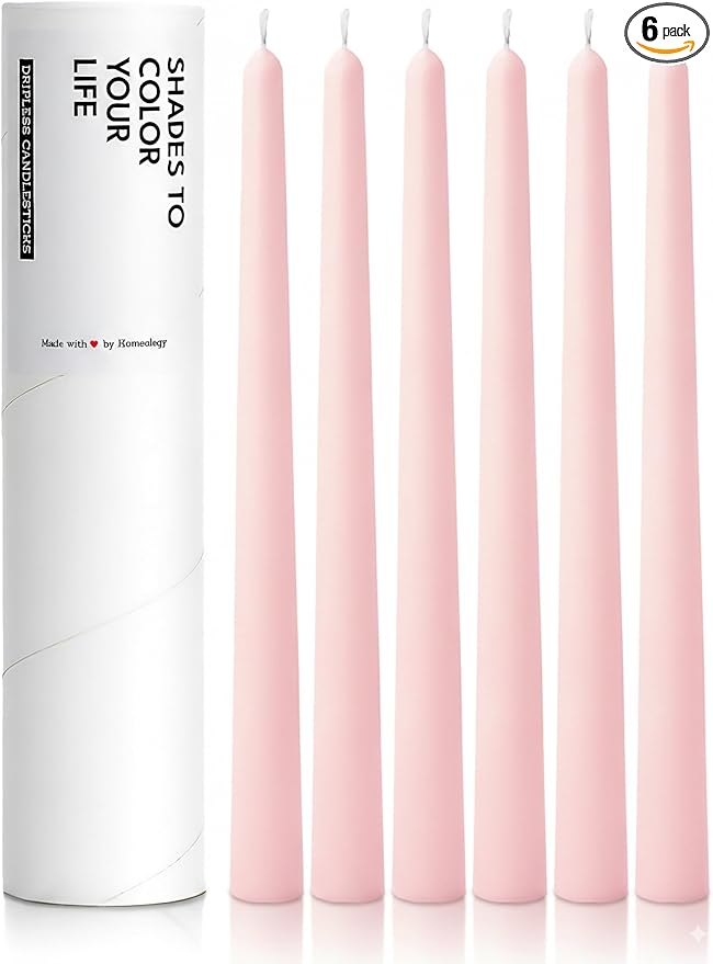 6 PK 10" Classic Taper Candles, Blush Pink, 7-8 Hours Long Burning, Unscented Tall Candlesticks