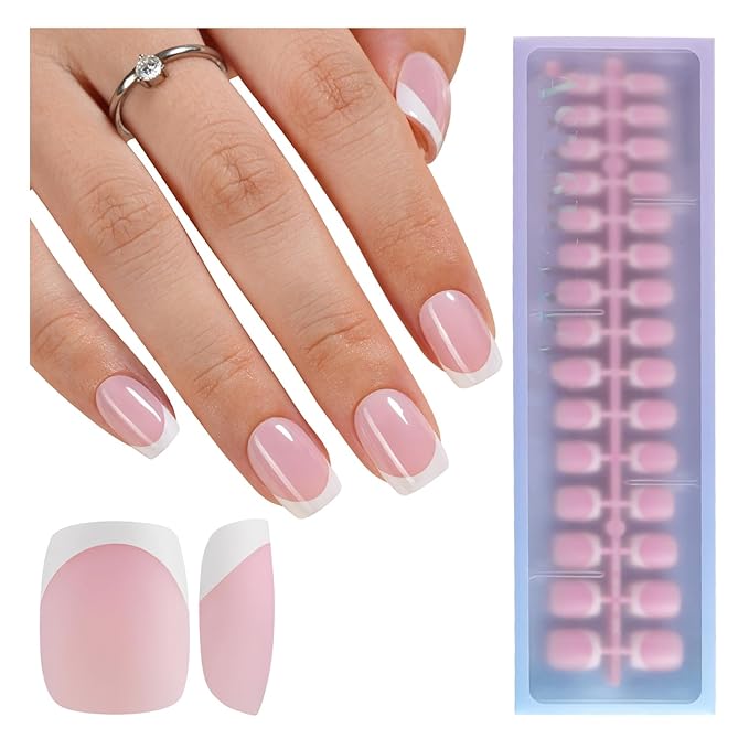 Misssix XBASICTIPS French Tip Press On Nails, 150Pcs French Gel Nail Tips Short Square Pink, Soft Gel Pre-shaped No Need to File 3 in 1 Tips, Fake Nails for Nail Art DIY Extension Designs 15 Sizes