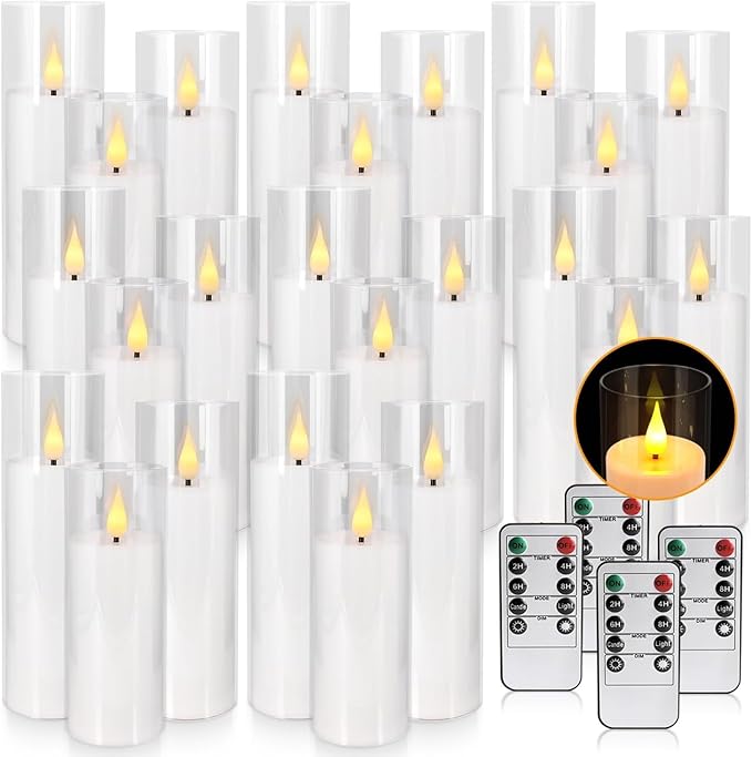 Set of 24 Flickering Flameless Candles Battery Operated with Remote and 2/4/6/8 H Timer Plexiglass Led Pillar Candles with Realistic Moving Wick Candles for Home Decor (D2.2"xH 5"6"7")(White)