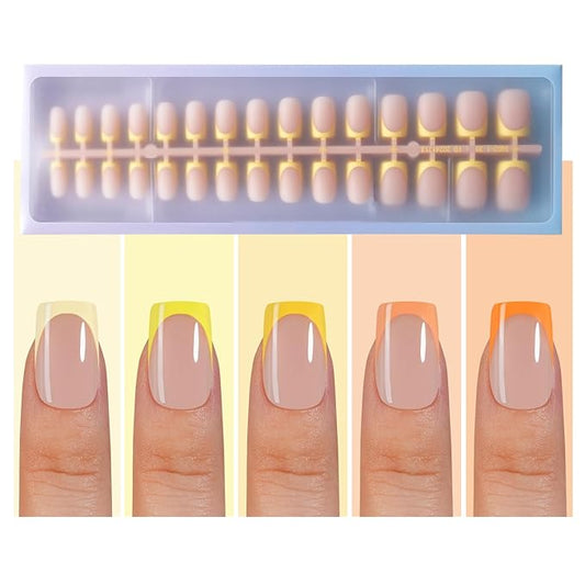 Misssix XBASICTIPS Yellow French Tip Press On Nails, 150Pcs French Gel Nail Tips Short Square, Soft Gel Pre-shaped No Need to File 3 in 1 Tips, Fake Nails for Nail Art DIY Extension Designs 15 Sizes