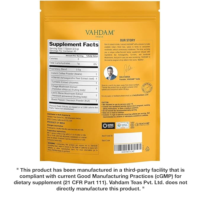 VAHDAM Ashwagandha Coffee with Turmeric, Lion’s Mane & Chaga Mushroom | Clinically Proven KSM 66 Ashwagandha & Pure Arabica Coffee | Stress & Cortisol Support, Better Energy - 40 servings