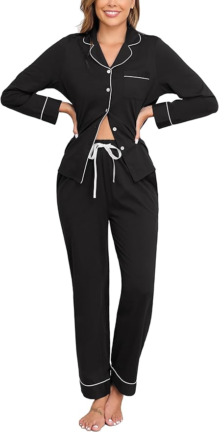 Veseacky 100% Cotton Pajamas for Women Set Long Sleeve Button Down Sleepwear Soft Pjs Lounge Sets with Pockets S-XXL