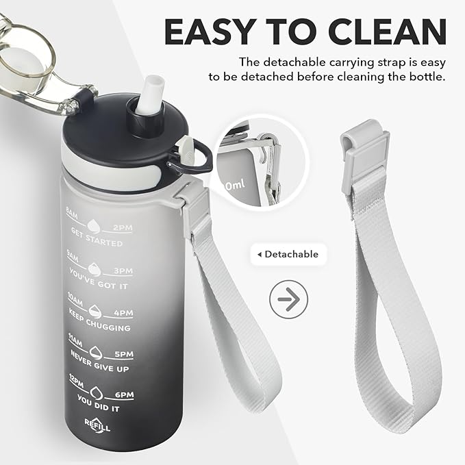 Enerbone Water Bottle, Leakproof BPA & Toxic Free, Motivational Water Bottle with Times to Drink and Straw, Fitness Sports Water Bottle with Strap for Office, Gym, Outdoor Sports