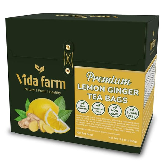 VIDA FARM 100 Lemon Ginger Tea Bags, 100% Natural Ingredients - Warming & Spicy Blend, Caffeine Free, Sugar Free, Non-GMO, Lemon & Ginger Herbal Tea Beverage