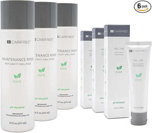 CariFree Maintenance & Prevention Kit, Mint Flavored | Anti-Cavity Fluoride Toothpaste & Mouthwash Freshens Breath and Moistens Mouth | Dentist Recommended for Oral Care (6 Piece Set)