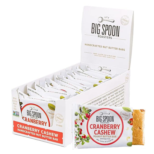 Big Spoon Roasters Cranberry Cashew Nut Butter Bars - Low Carb, High Protein Bars w/Pea Protein - Vegan Snacks w/Peanut & Almond Butter - Gluten-free, Soy-free, & Lean Protein - 1.76 Ounce - 12 Pack