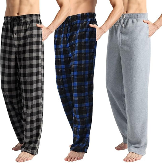 3 Pack Men's Fleece Pajama Pants Bottoms– Lounge Sleepwear Plaid PJs with Pockets and Button Fly