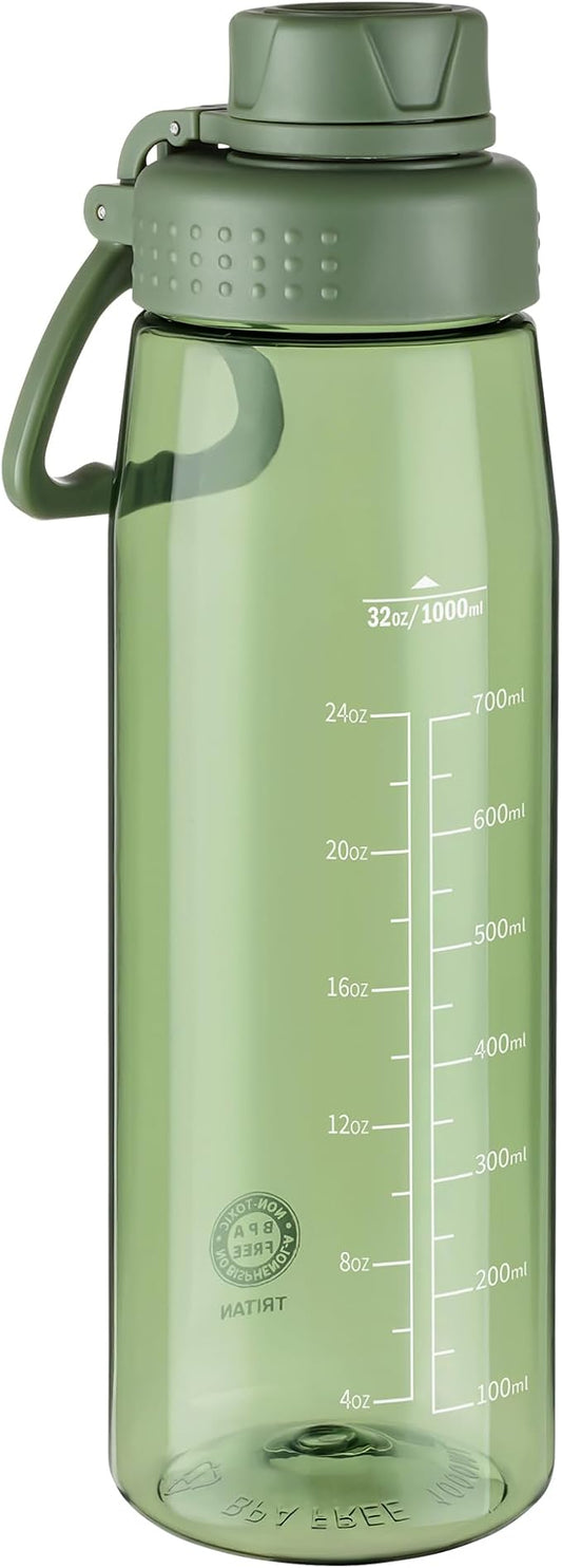 Water Bottle 32oz, clear water bottle with Spout Lid and Carry Handle, Reusable, Tritan, BPA Free, Hiking Water Bottle Suitable for Travel, Outdoors, Gym, Travel, Home, School (Army Green)