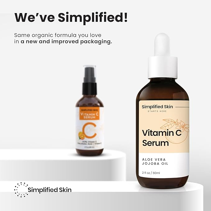 Simplified Skin Vitamin C Face Serum – 20% Vitamin C, Hyaluronic Acid, Vitamin E – for Hydrating & Glowing Skin - Antioxidant Skin Brightening Serum – 2 Fl Oz