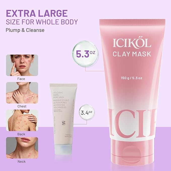 Large Lavender Glow Clay Mask for Face - Mud Mask with BHA & HA for Gentle Exfoliate - Plumping & Pore Minimizing - Sagging-Firming Skin Care Gifts for Women Men with Brush, Purple, 5.3 oz