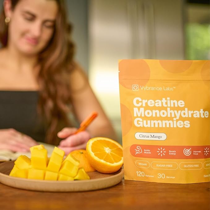 Creatine Gummies 5g Monohydrate + Taurine & B12 - Sugar-Free, Vegan, Gluten-Free - Citrus Mango - 120 Count (30 Servings) for Strength, Energy & Focus