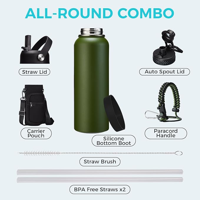 Stainless Steel Sports Water Bottle - 32/40/64 Oz Insulated Water Jug with Straw & Auto Spout Lid, Paracord Handle, Bottle Sleeve, Cold 48H Hot 24H, Sweat-Proof Tactical Flask for Hiking, Army Green