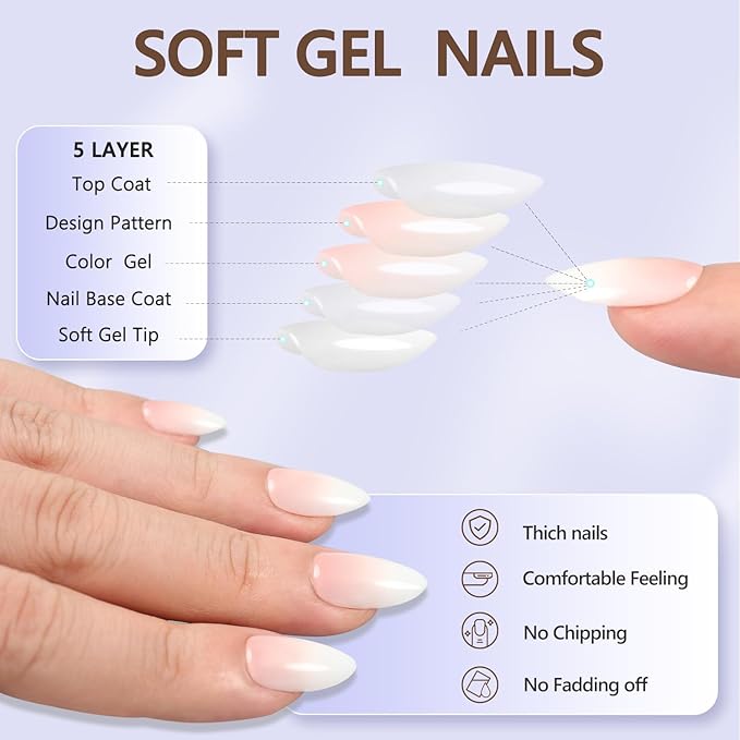 6 Packs Press On Nails Almond, Misssix French Tip Press On Nails Short, Reusable Glue On Nails, Gel Fake Nails for Women, Stick On Nails Kit 15 Sizes-6 styles in total