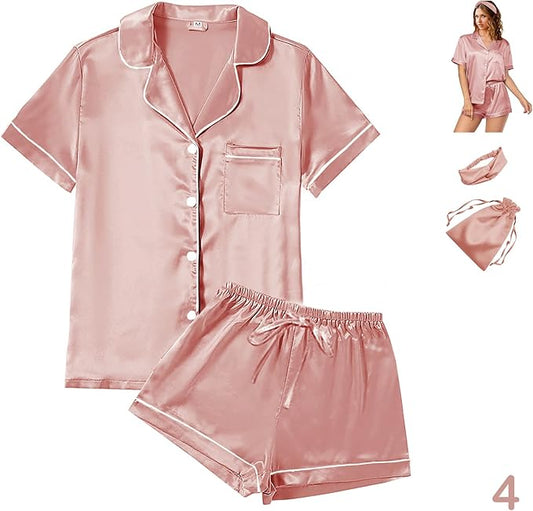 4Pcs Womens Satin Silky Pajama Sets Short Sleeve Shirt XS-4XL Floral Pajamas Set Soft PJ Loungewear Sleepwear
