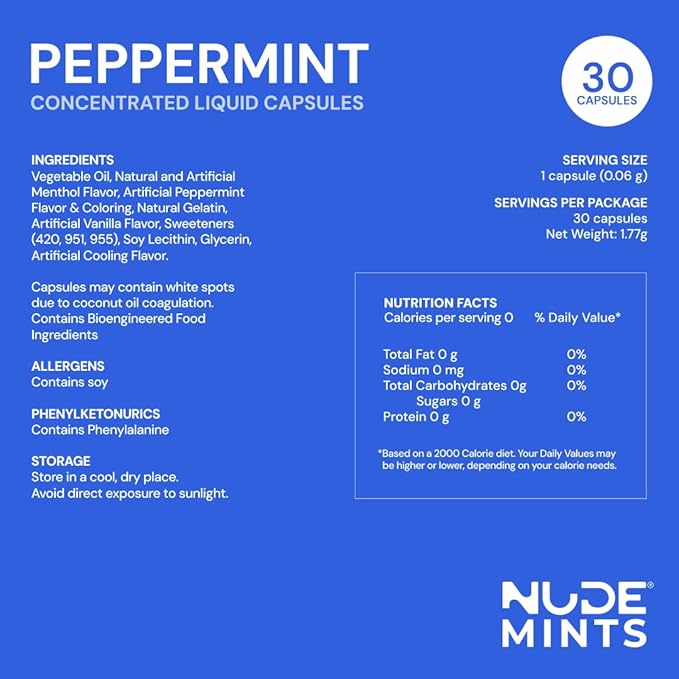 NUDE MINTS | Dual Action Liquid Capsules | Mouth Watering Mint - Lasts 3X Longer - 3X Stronger - Extreme Bad Breath Treatment For Adults - Sugar Free, 0 Calorie - Peppermint - 5 Pack - 150 Capsules