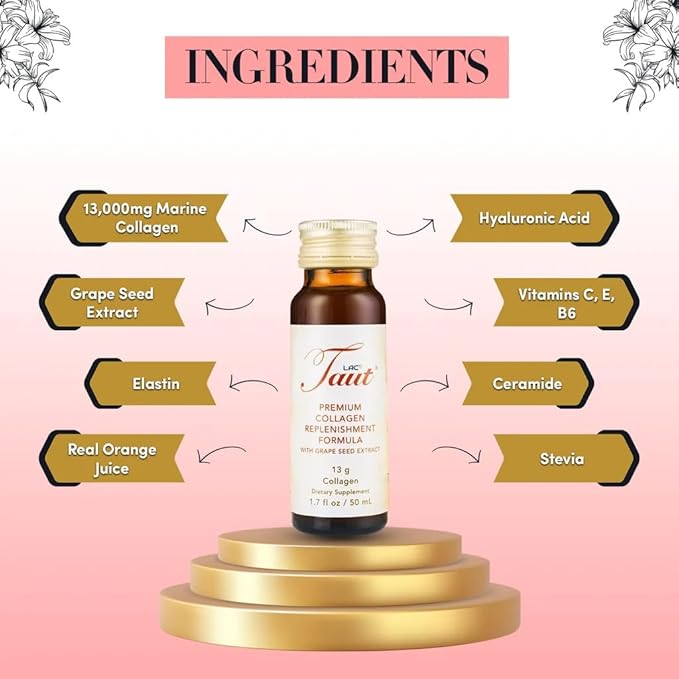 TAUT Liquid Collagen for Women – 13,000mg Marine Collagen Drink with Hyaluronic Acid, Grape Seed & Elastin – Visible Skin, Hair & Joint Support – 2 Box (8 Bottles Each)