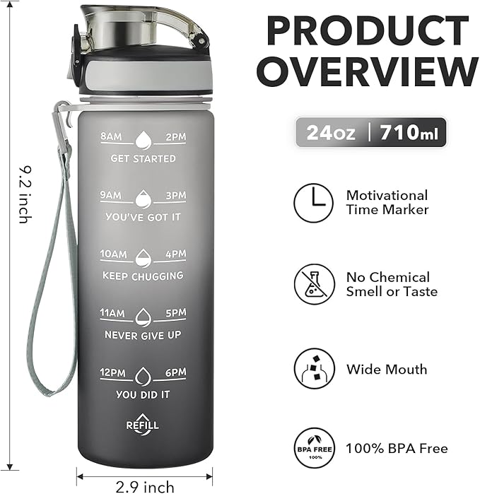 Enerbone Water Bottle, Leakproof BPA & Toxic Free, Motivational Water Bottle with Times to Drink and Straw, Fitness Sports Water Bottle with Strap for Office, Gym, Outdoor Sports