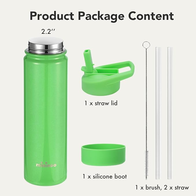 Insulated Stainless Steel Water Bottle with Straw, Ceramic-Lined, BPA-Free & Leak-Proof, 24 oz, Green Shimmer