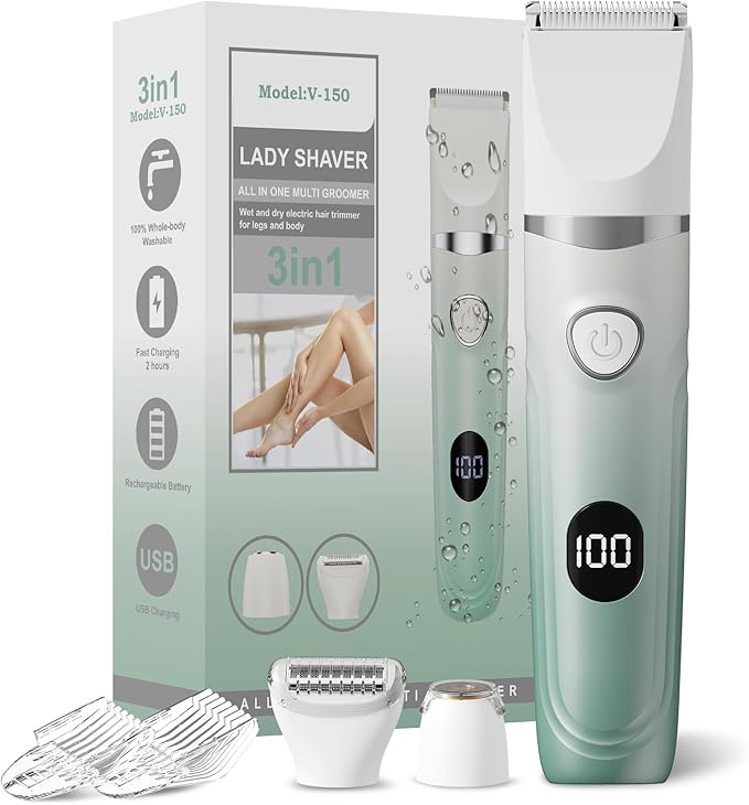 Bikini Trimmer for Women, 3-in-1 Electric Razors for Women, Waterproof Bikini Shaver Replaceable Facial, Body Trimmer for Pubic Hair, Painless Razor for Hair Trimmer Gifts for Her, Mint Green
