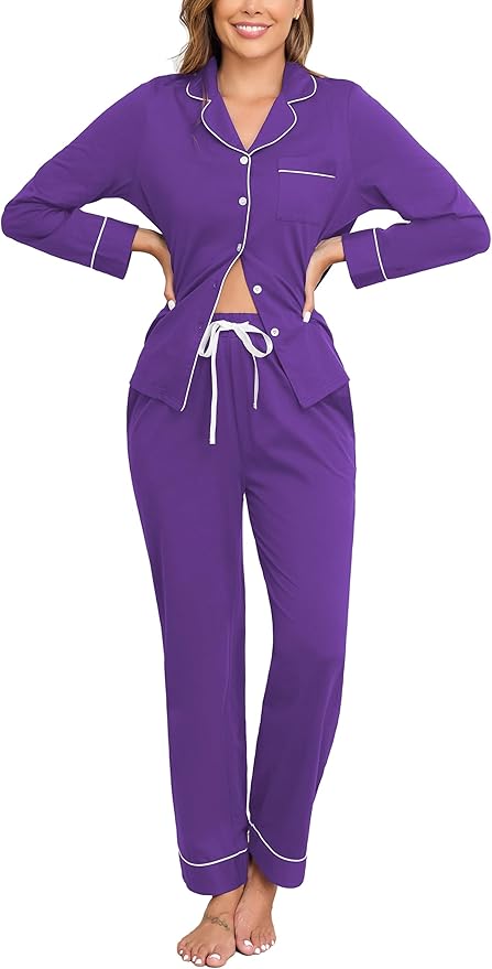 Veseacky 100% Cotton Pajamas for Women Set Long Sleeve Button Down Sleepwear Soft Pjs Lounge Sets with Pockets S-XXL